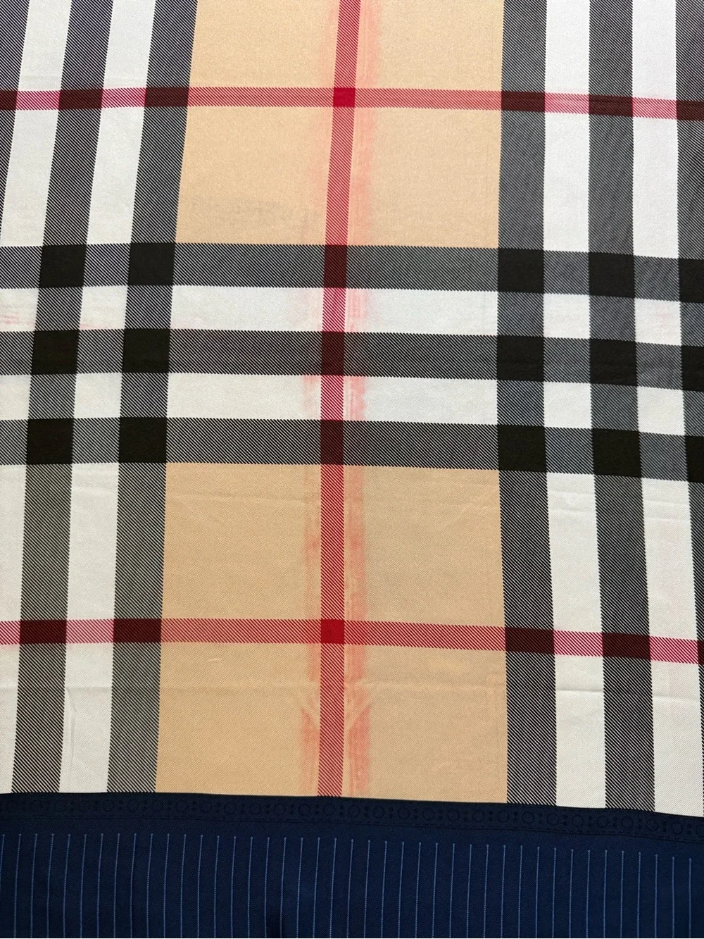 Display #1 Burberry Beige Nova Check Silk Scarf with Navy Border and Red Trim